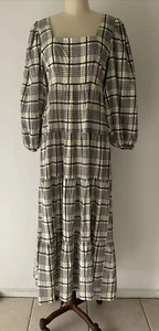 TOPSHOP Size 14 Maxi Tiered Seersucker Checked Dress Balloon Sleeve Split Frt - Picture 1 of 19