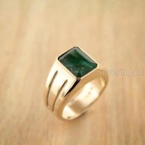 NATURAL EMERALD MAY BIRTHSTONE FINE 925 STERLING SILVER WEDDING HEAVY MENS RING - Picture 1 of 3