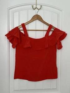 J.Crew New W/O Tag Women’s 00 Red Orange Silk Ruffle Cold Shoulder Blouse - Picture 1 of 9