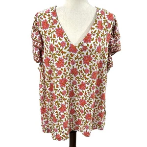 Cynthia Rowley Woman Floral V Neck Floral Blouse Double Ruffle Sleeve 2X EUC - Picture 1 of 6