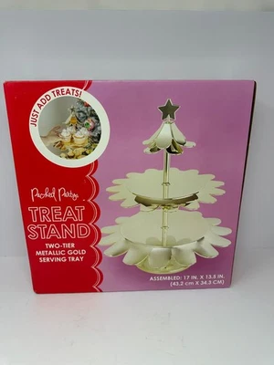 Bandeja para servir dorada metálica plástica de dos niveles empacada para fiestas nueva Foto 1 de 4