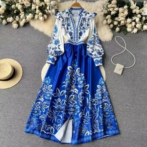 Flower Maxi Dress Women's Lantern Long Sleeve V Neck Single-Breasted - Picture 1 of 7