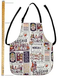 DELANTAL 2 EN 1 HECHO A MANO EN EE. UU. CON PATRÓN DE TELA DE ALGODÓN "BAILE DE CALAVERAS" - Imagen 1 de 4