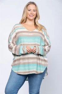 Womens Plus Size Green Stripe Top 3XL Dolman Sleeve V Neck - Picture 1 of 2