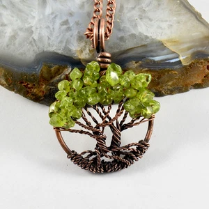 Peridot Kristalle Bonsai Lebensbaum Halskette Antik Kupferdraht umwickelt - Bild 1 von 3