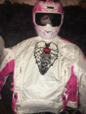  Casco icono mediano, chaqueta mediana, street angel, moto, rosa y blanco Foto 1 de 3