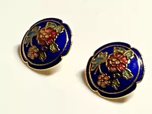 Vintage Earrings Cloisonné Enamel Stud Blue Flowers - Picture 1 of 8