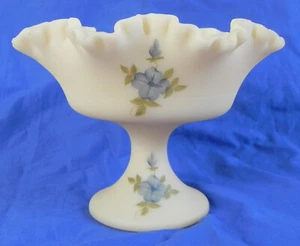 Fenton Custard Glass Compote, Ruffled Rim, Hand Painted & Signed, Pedestal Dish - Picture 1 of 13