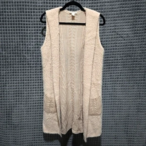 Long Hooded Duster Vest Cardigan Lg SOFT Fuzzy Faux Fur Baby Pink CableKnit Rich - Picture 1 of 19