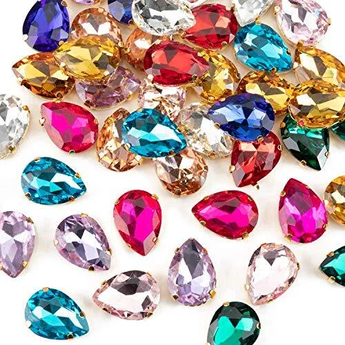 48 Pcs Sew On Crystal Rhinestone Tear Drop Flatback Gold Setting Sew On Cryst... - Image 1 of 4