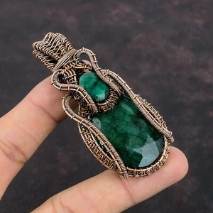 Faceted Zambian Emrald Jewelry Copper Wire Wrapped Pendant For Women 2.95" - Picture 1 of 6