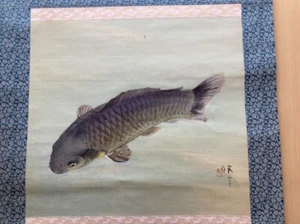 JAPANESE ART BIG PAINTING CARP HANGING SCROLL OLD JAPAN VINTAGE PICTURE g048 - Picture 1 of 8