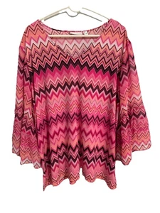 Susan Graver Size 2X Womens Tunic Top Pink Chevron Liquid Knit Bell Sleeve - Picture 1 of 11