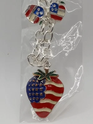 Pulsera Tobillera Rojo Blanco Azul Bandera Fresa y Manzanas Esmalte Tono Plateado Foto 1 de 4