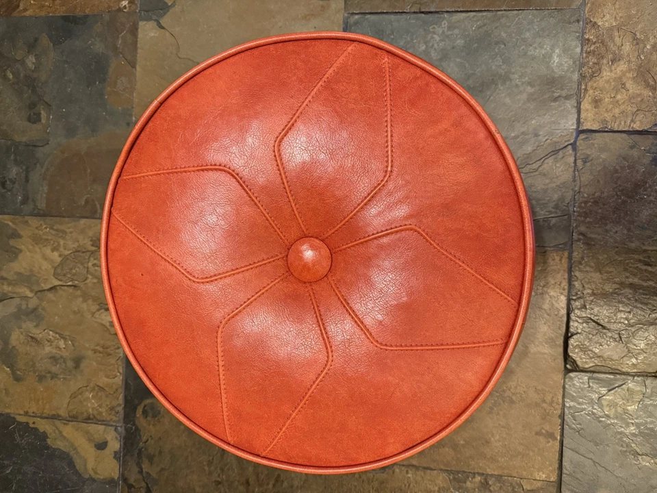 Vintage Mid Century Orange 19.5” Round Vinyl Foot Stool - Image 1 of 4
