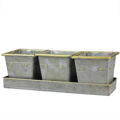 Melrose 3 Gray Square Pots Gold Colored Accents in a Tray 15.5" - Image 1 of 4