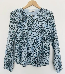 Camicetta LOFT blu stampa animalier smocked taglia Petite M volant manica lunga a sbuffo boho - Foto 1 di 10