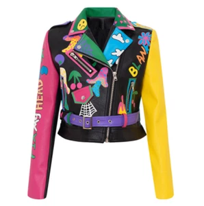 Damen Motorrad Jacke Mode Leder Kurzmantel Graffiti Bedruckt Slim Reißverschluss - Bild 1 von 10