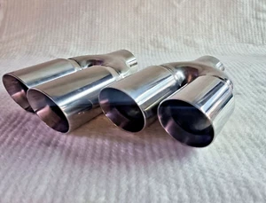 PAIR 3.5"- 90mm OD Slash Cut LONG Staggered Twin Tip Tailpipe 3" ID Trim Exhaust - Picture 1 of 4