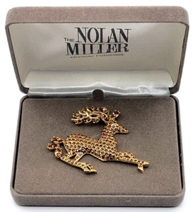 NOLAN MILLER GLORIOUS REINDEER GOLDEN BRONZE PIN BROOCH CRYSTALS RHINESTONES - Picture 1 of 3