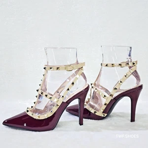 Caged Burgundy Red Patent Studded Strappy Stiletto High Heel Shoes - Picture 1 of 10