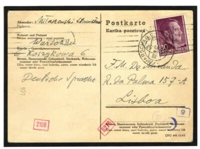 POLAND GERMANY OCC WW2 Cover UNDERCOVER ADDRESS Portugal Lisbon 1942 MC317 - Image 1 of 4