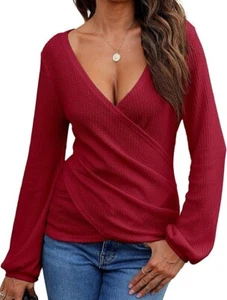 Prettywear Women's Long Sleeve Wrap Top Sexy Casual Waffle Knit V Neck Shirt szL - Picture 1 of 4