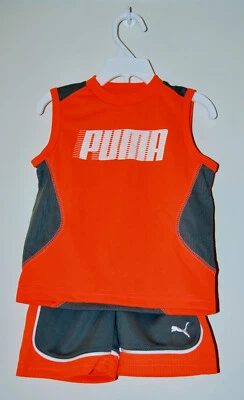 全新带标签 PUMA 婴儿男孩橙色和灰色 2 件套无袖 T 恤和短裤套装,尺寸 24M — 第 1/4 张图片