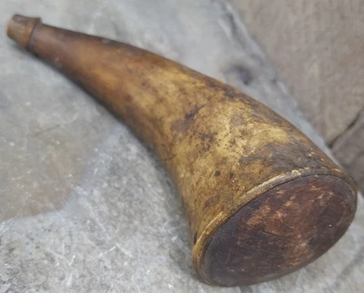 Primitive Antique Handmade Cow Horn Powder Flask Carved Initials Muzzle Loader - Image 1 of 4