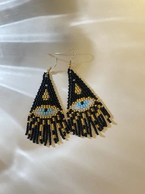 Brincos elegantes do mau olho, contas de semente de borla boêmia tecidas à mão - Imagem 1 de 4