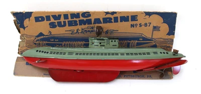 Submarino de buceo de cuerda Wolverine S-87 de colección 13" litografía de hojalata casi nuevo en caja EE. UU. Foto 1 de 4