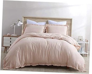 Nora 3-Piece Ruffled Edge Trim Duvet Cover Set - Hypoallergenic Soft Washed - Picture 1 of 7