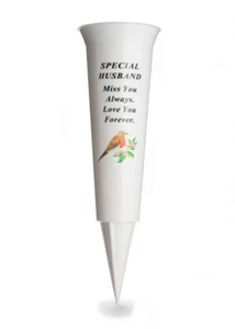Husband White Plastic Memorial Spike Vase with Robin - Cemetery Graveside - Picture 1 of 3