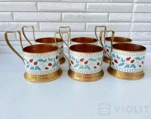 Vintage Set Of 6 USSR Enamel Gold Plated Glass Cup Holder 1950s PERFECT GIFT - Picture 1 of 11