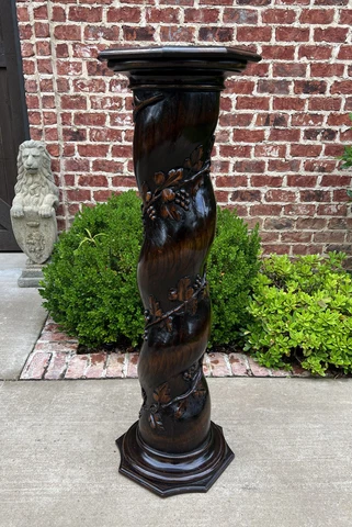 Antique French Pedestal Plant Stand Barley Twist Grapevine Dark Oak 47" T 19th C Cover