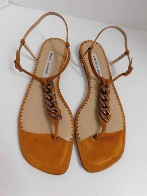 Sandálias planas Manolo Blahnik Itália cobre ferrugem corrente couro laranja queimado 39 - Imagem 1 de 4