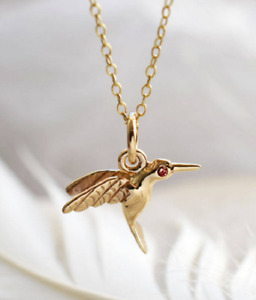 10K Real Yellow Gold Flying Hummingbird With Red Ruby Eyes Unique Fine Pendant