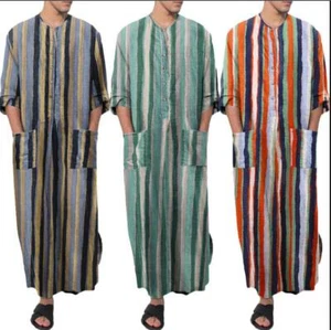 Mens 2023 Muslim Saudi Striped Abaya Robe Jubbah Islamic Arab Kaftan Clothes 841 - Picture 1 of 11