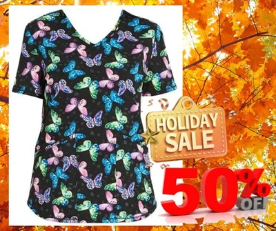 Scrubstar Women's Size S Butterfly V-Neck Premium Scrub Top color BLACK NWT - Image 1 of 4