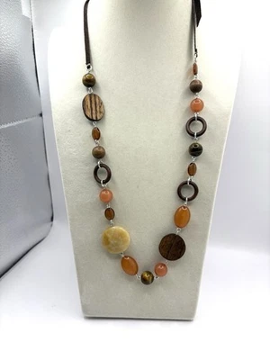 Orange Browns & Honey Colored Beaded Necklace With Leather Cord Autumn Colors - Изображение 1 из 4