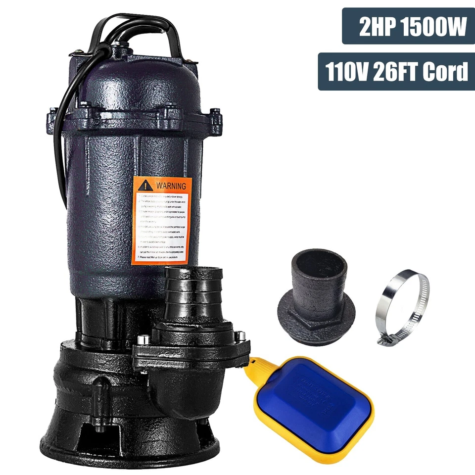 Bomba de sumidero sumergible de 2 HP 1500 W bomba de aguas residuales de hierro fundido 6498 GPH con cable de 26 pies 110 V Foto 1 de 4