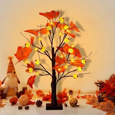 Decoración de otoño de Halloween, lámpara de árbol artificial, luz de calabaza, mesa naranja y amarillo  Foto 1 de 4