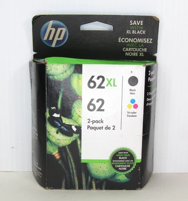 HP 62XL Black 62 Tri-Color Cartridge Printer Ink GENUINE High Yield 2021 SEALED - Image 1 of 4