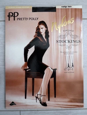 Pretty Polly 'Nylons' Black Seamed Shiny Cuban Heeled Stockings Medium/Large - Image 1 of 4