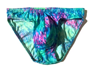 Vintage HE Mens Blue Pink Print Bikini Swim Brief sz M Swimsuit Pose - Picture 1 of 8
