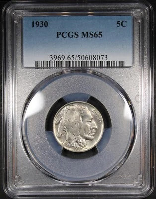 1930 Buffalo Nickel graduado MS65 por PCGS mejor fecha 5C gran brillo Foto 1 de 2
