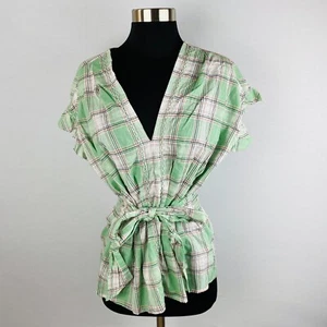 Max Studio Green Plaid Embroidered Ruffled Cap Sleeve Belted Women's L Top New - Picture 1 of 9