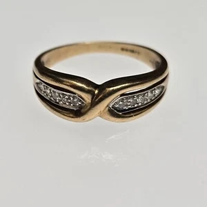 9ct Yellow Gold Ring Diamond Gemstones Crossover Band UK Ring Size N - Picture 1 of 12