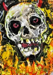 ORIGINALE ACEO Halloween ART Devil TESCHIO in fiamme scheletro fantasma tomba autunno ATC - Foto 1 di 1