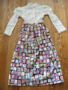 Vtg 60s White Lace Seer Sucker/Multi color Bark Cloth Dress-Bust 29/Girl XS-S - Picture 1 of 5